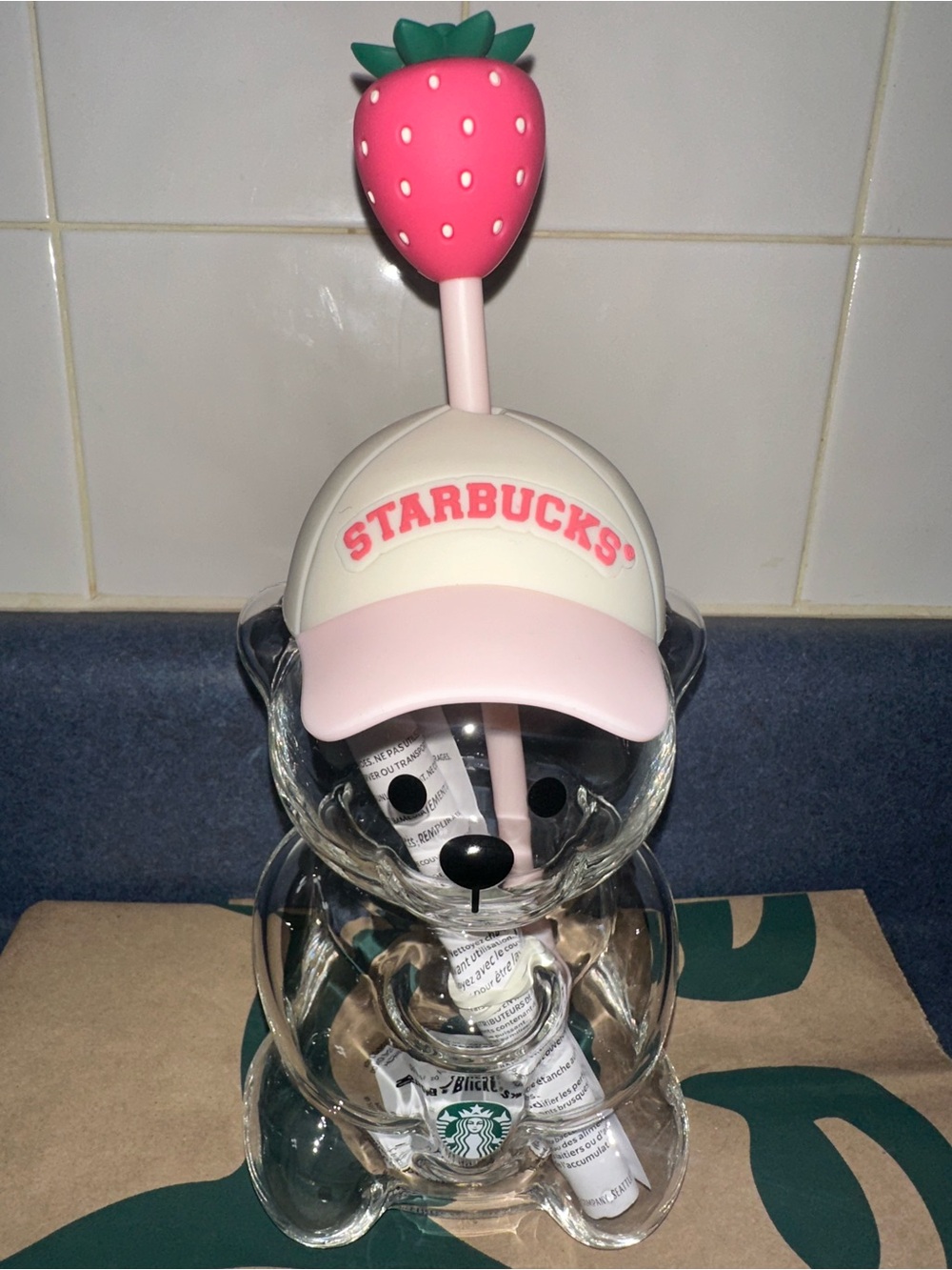Starbucks Strawberry Bear Glass Cup with Pink Straw and Cap - Picture 2 of 5